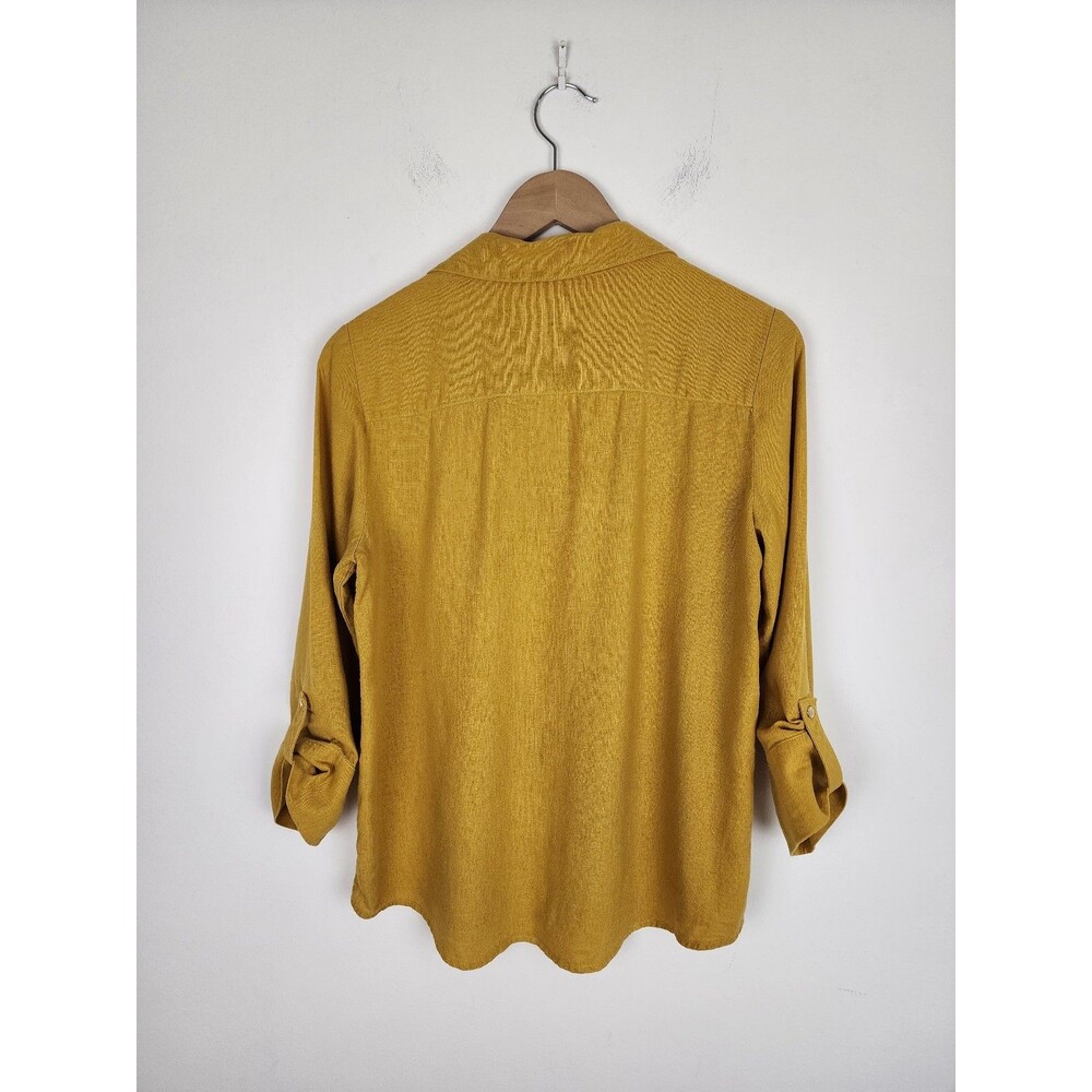 Anne Klein Linen blend yellow mustard button-up blouse roll-tab sleeves size M - Picture 4 of 9
